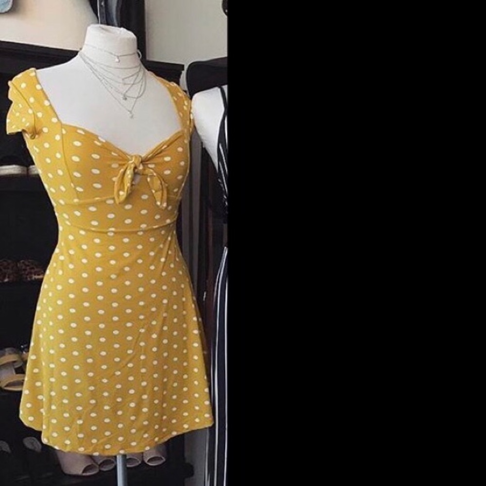 Knot-front Yellow Polka dot skater flare dress